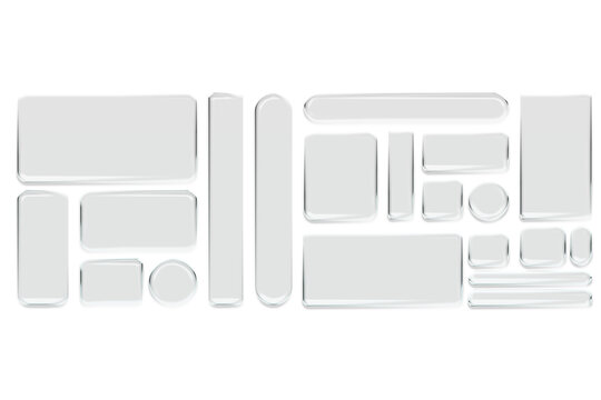 Transparent glass elements with liquid morphism effect for ui design and modern interfaces. Rounded rectangles, circles and buttons with frosted blur overlay. Glassmorphism components for web or app