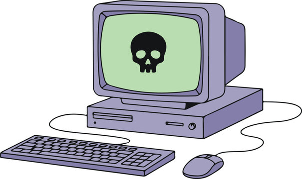 Retro Purple Desktop Computer Displaying Skull on Screen, Vintage Cyber Security vector illustration
