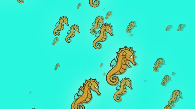 Orange Seahorse Seamless Pattern for Underwater Marine Wildlife Backgrounds with Cyan Copy Space