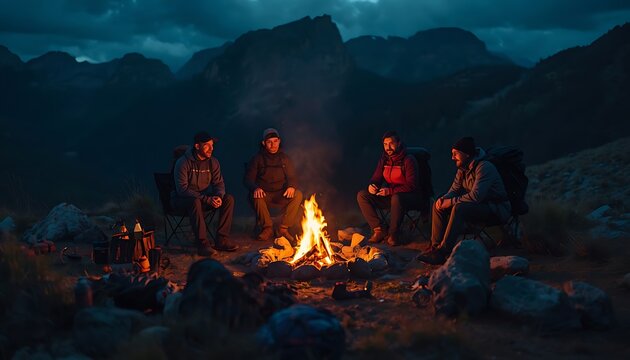 Four friends sitting around a warm campfire at night in a rugged mountain landscape, enjoying the peaceful wilderness.