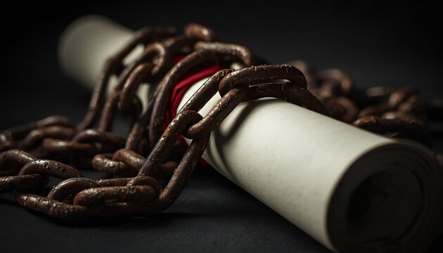 Student loan debt burden concept with a diploma scroll wrapped in heavy rusted chains