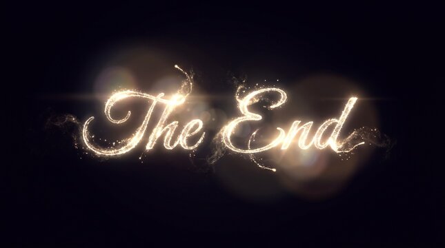 Elegant glowing "The End" text with sparkling golden particles on a black background, perfect for movie endings, cinematic titles, and video production