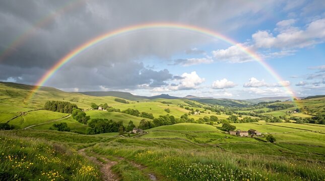 Bright rainbow arching across cloudy sky over rolling green hills and fields in scenic countryside