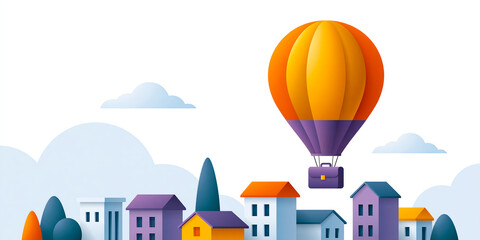 Fototapeta premium Flat vector illustration of a small hot air balloon shaped like a briefcase rising above city rooftops, perfect for modern lifestyle and business storytelling, with a naturally evocative visual mood.