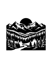 Fototapeta premium Minimalist Black and White Mountain Landscape with Forest and Sun