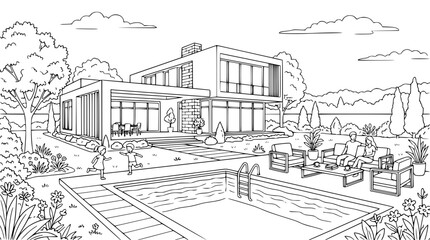 Fototapeta premium Modern Luxury House with Swimming Pool and Family in Garden Coloring Page Line Art