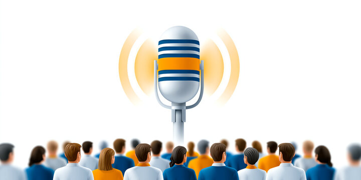 Illustration of a glowing microphone broadcasting sound waves over a small seated audience of figures, perfect for modern lifestyle and business storytelling, with a naturally evocative visual mood.
