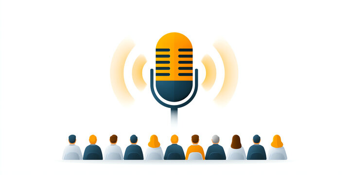 Flat vector microphone icon sending gentle sound waves across a small audience during a presentation, perfect for modern lifestyle and business storytelling, with a naturally evocative visual mood.