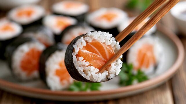 Close-up of chopsticks slowly lifting a salmon maki roll above a plate of sushi, revealing the rice, nori and fish filling against a softly blurred dining background