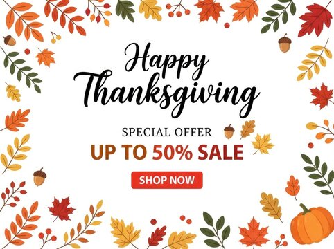Happy thanksgiving special offer banner featuring colorful autumn leaves and a pumpkin for seasonal retail sales