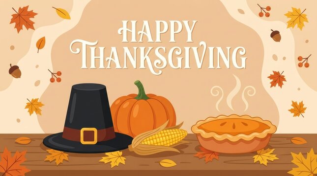 Festive happy thanksgiving greeting card design featuring a pilgrim hat pumpkin and delicious autumn pumpkin pie