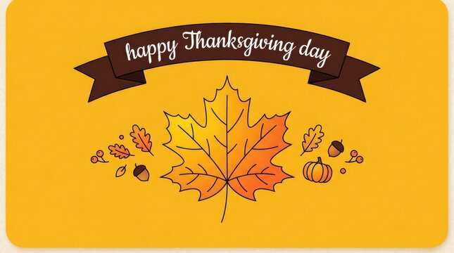 Happy thanksgiving day greeting card design with a decorative maple leaf and festive autumn banner background