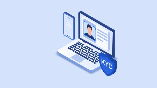 Isometric 3D vector illustration of online KYC Know Your Customer identity verification process featuring facial recognition, fingerprint scan, and secure document check on laptop and smartphone.
