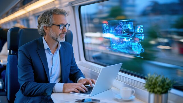 Mature businessman working on laptop on a modern train with HUD