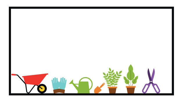 Minimalist border frame featuring various gardening tools and potted green plants on a clean white background with copy space.