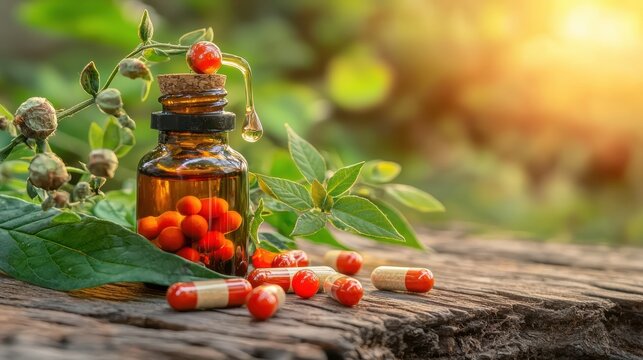 Herbal remedy bottle with vibrant nature backdrop.