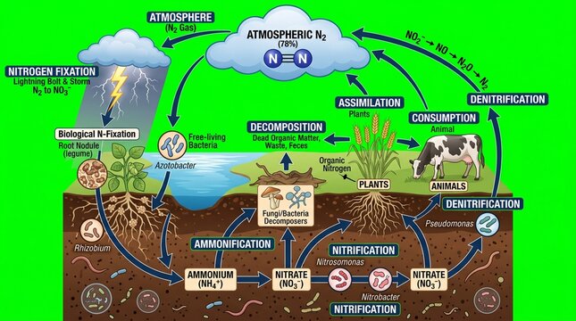 Nitrogen cycle educational diagram. Scientific illustration of natural nitrogen processes.