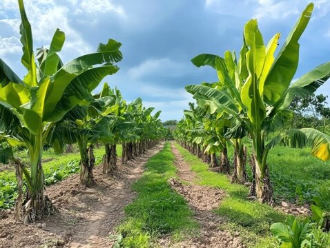 Lush banana plantation under bright blue sky.