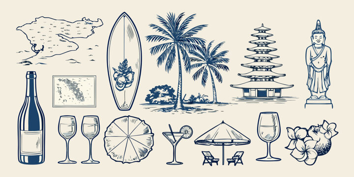 Bali Themed Sketch Illustrations Including Island Map And Tropical Elements
