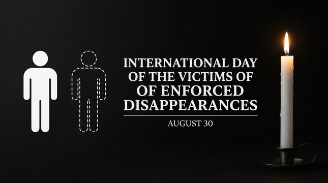 International day of the victims of enforced disappearances poster with white human figure silhouette dashed outline person and a lit candle on a black background