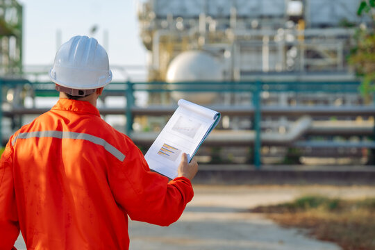 Maintenance engineer inspecting industrial facility with technical documents during routine site assessment. Asset integrity, engineering operations, process safety and equipment reliability.