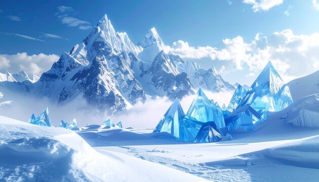 Fantasy crystal mountains made of transparent sapphire ice in a bright winter atmosphere