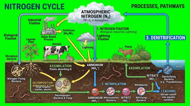 Nitrogen cycle educational diagram. Scientific infographic showing biological pathways.