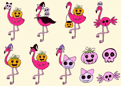 Set of Pink Halloween Kawaii Flamingo in Halloween Custume Illustration Whimsical Hand-drawn.Halloween Artwork perfect for Invitation,Greeting Card,Banner and Poster.