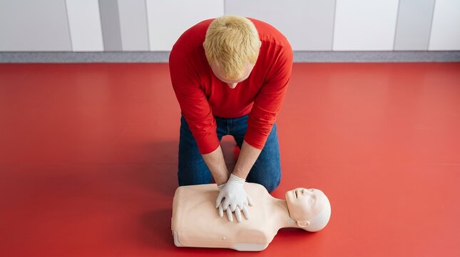 CPR training with medical mannequin, first aid instructor performing chest compressions on dummy, emergency life support certification course