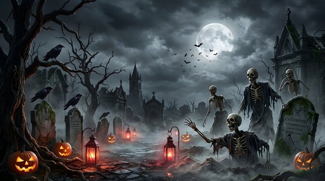 Spooky Halloween Graveyard Night with Skeletons and Jack-O'-Lanterns