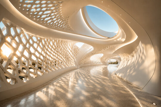 Organic Flowing Architecture With Honeycomb Lattice And Circular Skylight