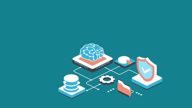 Isometric 3D vector illustration of an artificial intelligence network with cloud storage, database servers, and data security icons on a teal background.