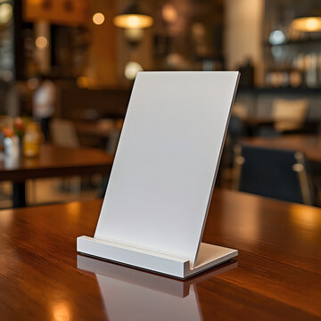 minimalist menu stand stands on a beautifully polished wooden table in a trendy, inviting cafe, created with generative ai	