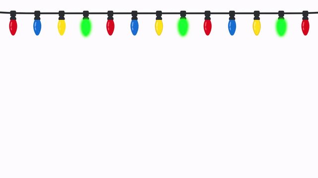 Colorful string lights blinking loop animation, Decorative party garland with glowing red green yellow light bulbs animation video.