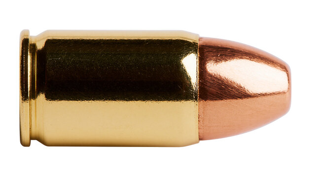 Golden brass cartridge with copper bullet tip, isolated on transparent background