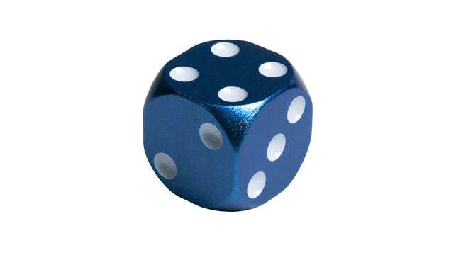 Shiny metallic blue six-sided die with white pips, isolated on transparent background
