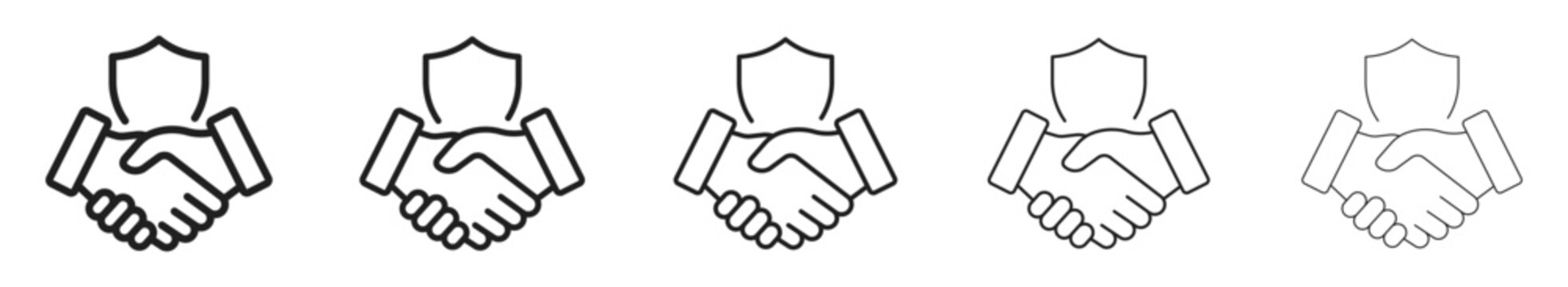 handshake shield line icon set. handshake shield line icon set with variable stroke weight for business agreement trust and insurance contract