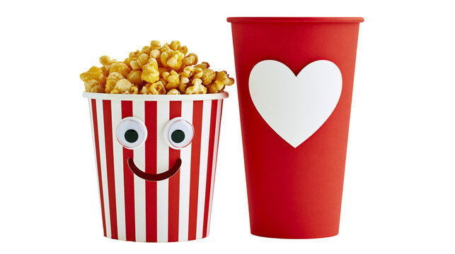 Striped popcorn bucket with googly eyes and smile next to red cup with heart, isolated on transparent background