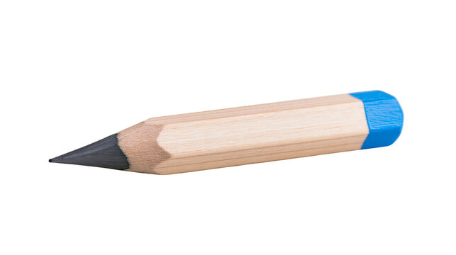 Wooden hexagonal pencil with sharp graphite tip and blue cap, isolated on transparent background