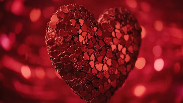 A large heart shape made of many small red shiny sequins