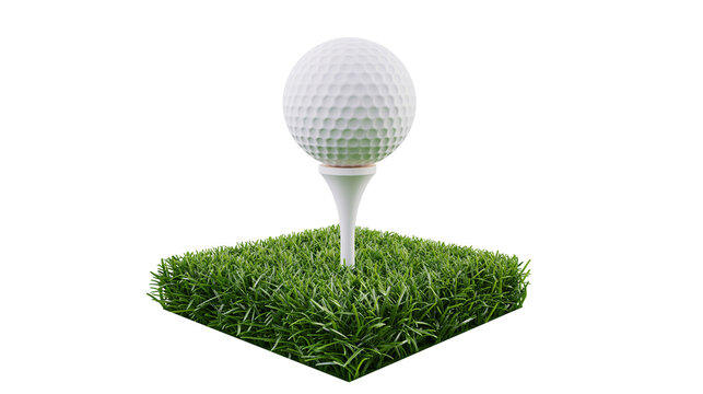 White golf ball on a tee resting on green grass, isolated on transparent background