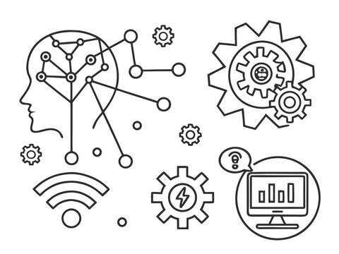 AI Productivity Icon Set  clean black outline vector icons featuring an artificial intelligence brain, chatbot, automation gear, workflow arrows, smart assistant, neural network, and digital task mana