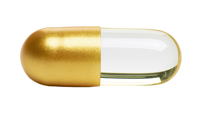 Shiny gold and clear gelatin capsule filled with liquid, isolated on transparent background