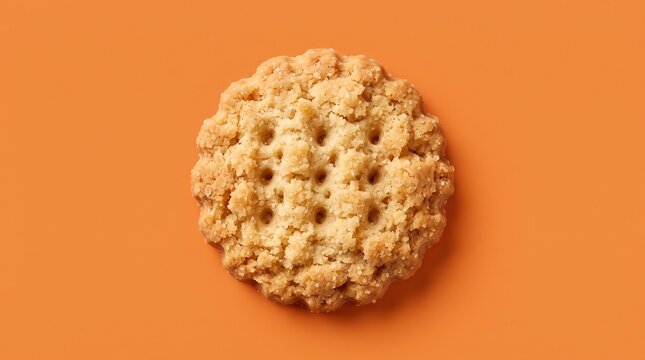 Close-up of buttery shortbread biscuit on orange background. Crispy, golden cookie with textured surface, ideal for snack or dessert marketing.