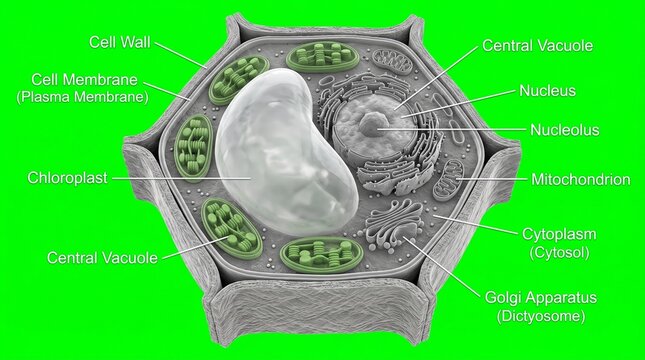 Labeled plant cell cross-section diagram. Educational 3D model of botanical cell anatomy.