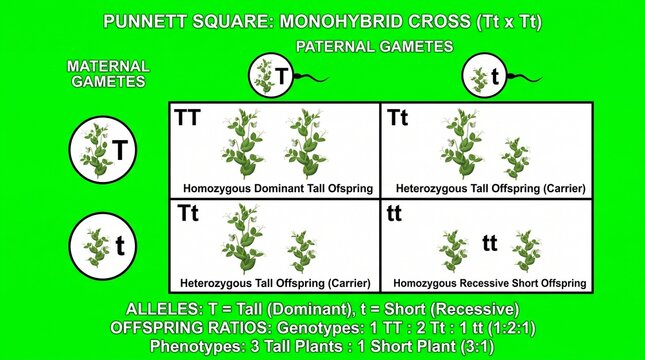 Punnett square monohybrid cross diagram. Genetic inheritance chart for plant biology study.