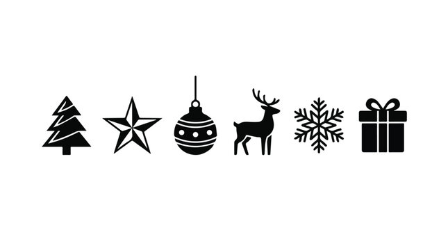 Set of festive Christmas icons including a tree star ornament reindeer snowflake and gift on transparent background for holiday design