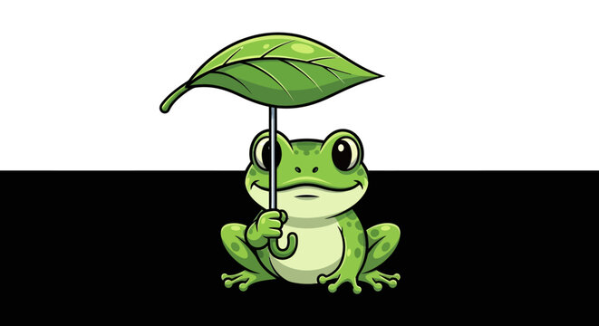 Cute cartoon green frog sitting and holding a green leaf umbrella on a split black and white background