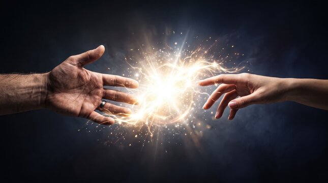 Male and female hands reaching towards each other creating magical spark of energy and light in darkness, symbolizing connection, love, relationship, power and supernatural force