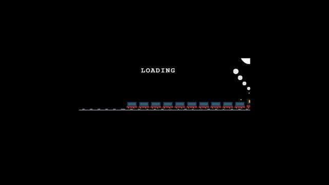 Retro pixel art train progress bar loading animation. A cute steam locomotive travels across a railway track, activating segments with glowing light and smoke puffs. Transparent alpha overlay.
